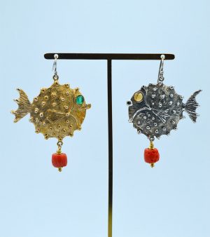 Orecchini argento e bronzo "Pesce palla"